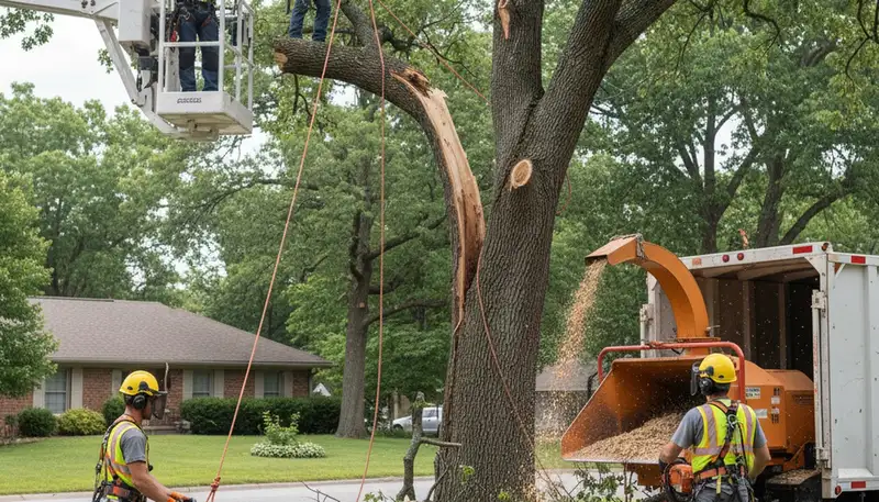 Emergency tree service crew in Troy, MI removing storm-damaged fallen tree safely