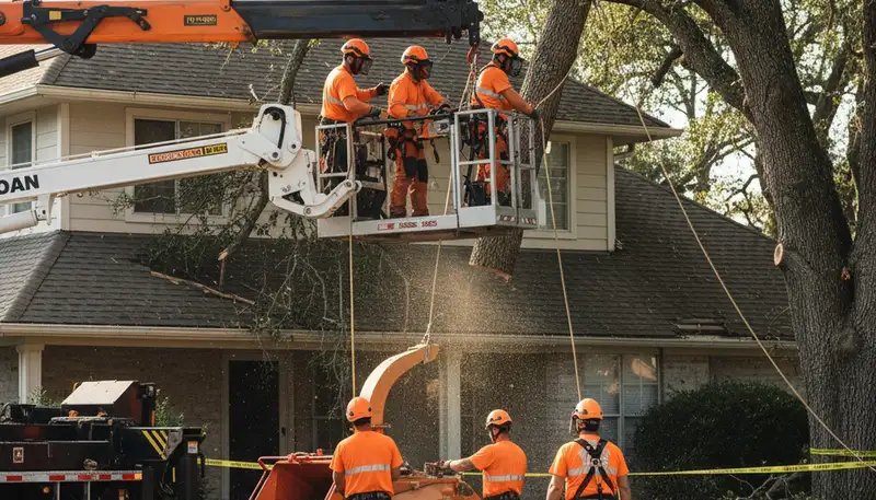 Emergency tree service crew in Troy, MI removing storm-damaged trees and fallen branches