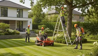 Troy, MI tree service crew shaping planting beds for landscaping and curb appeal