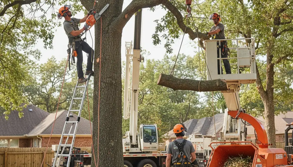 Tree removal crew in Troy, MI safely removing a hazardous tree from a residential property