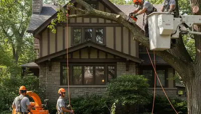 Tree service crew in Troy, MI trimming and removing trees for local homeowners