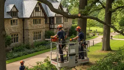 Tree service crew in Troy, MI trimming and removing trees for residential and commercial properties